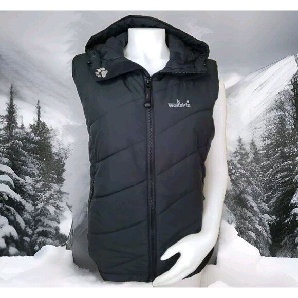 Jack Wolfskin Puffer Vest Womens L Black Hooded Sleeveless Jacket Microguard - Picture 1 of 15